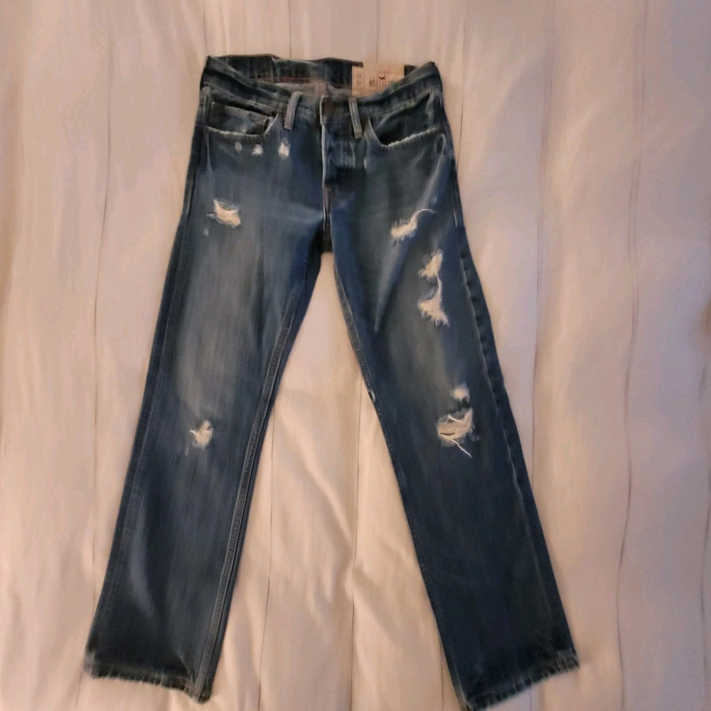 Hollister Women's Classic Straight Distressed Medium Blue Jeans 28/30